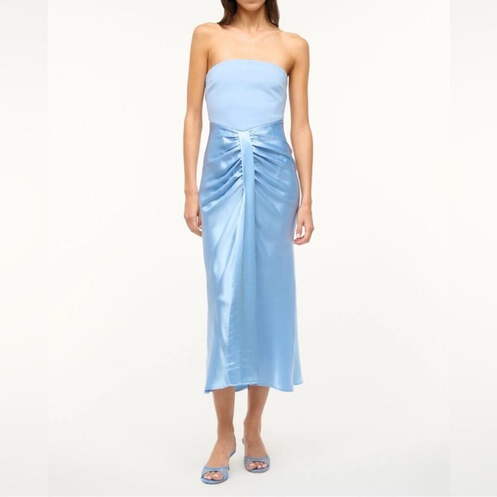 STAUD Wayfaring Strapless Cutout Satin Midi Dress